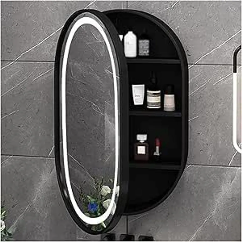 BOXED LED OVAL MEDICINE CABINET MIRROR FOR BATHROOM, OVAL RECESSED MEDICINE CABINET WITH MIRROR - BLACK (1 BOX)
