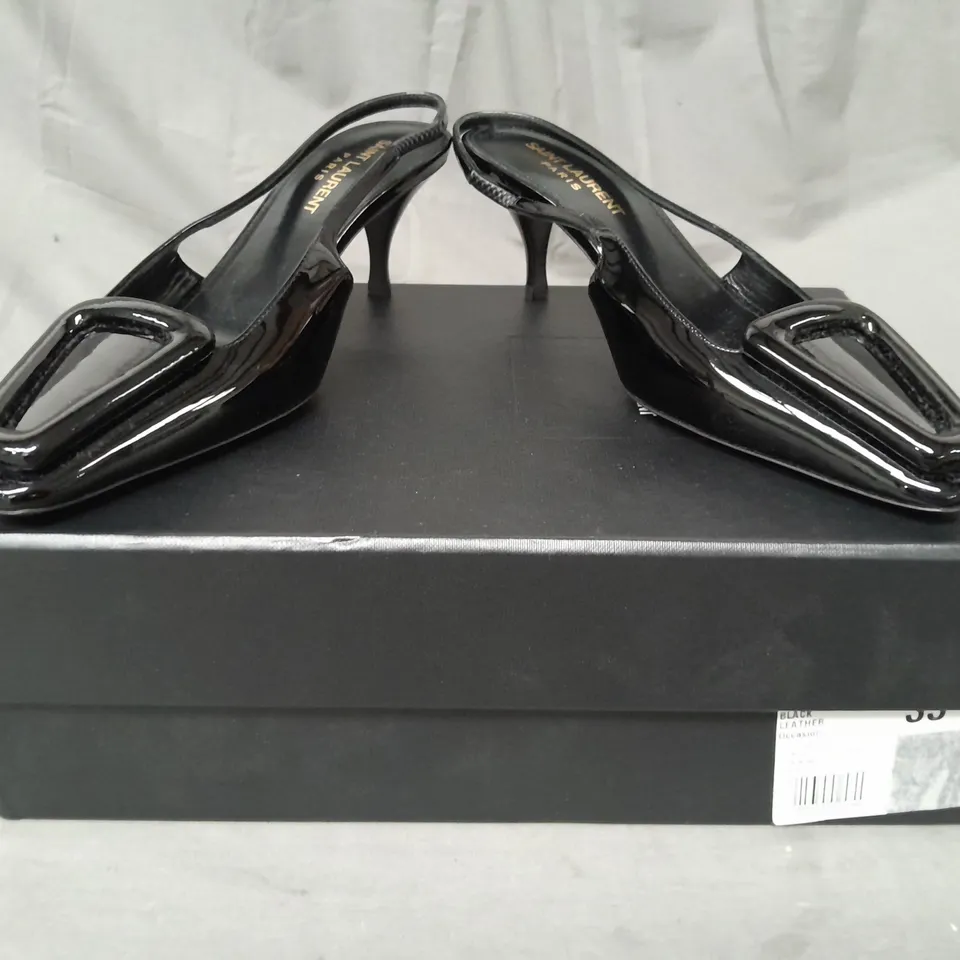 BOXED PAIR OF SAINT LAURENT PARIS CLOSED TOE LOW HEEL SHOES IN GLOSSY BLACK EU SIZE 35