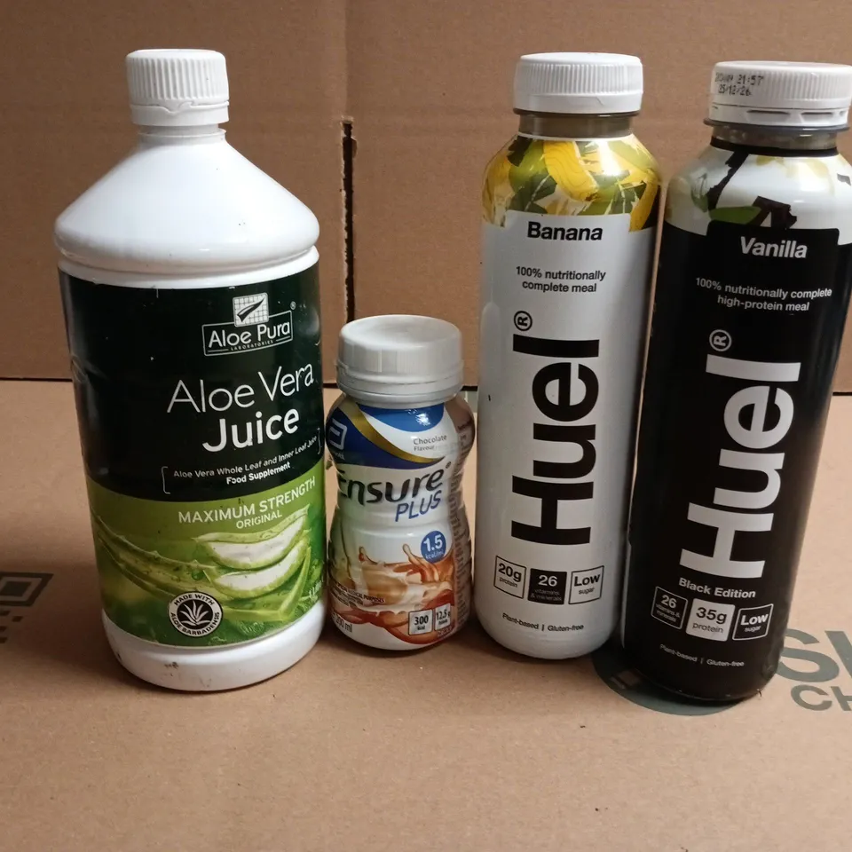 APPROXIMATELY 5 ASSORTED FOOD ITEMS TO INCLUDE HUEL, ALOE VERA JUICE AND UNSURE PLUS