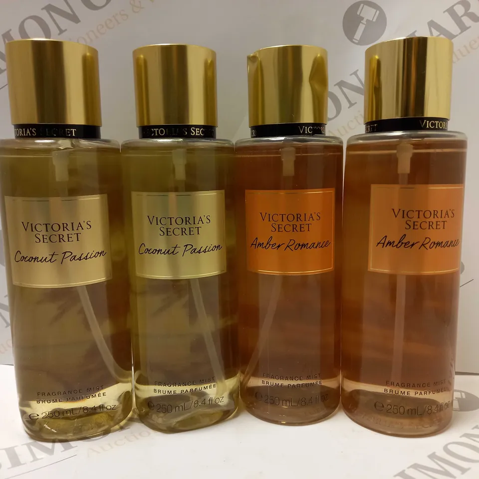BOX OF APPROX 9 X 250ML ASSORTED VICTORIA'S SECRET FRAGRANCES TO INCLUDE COCONUT PASSION & AMBER ROMANCE - COLLECTION ONLY 