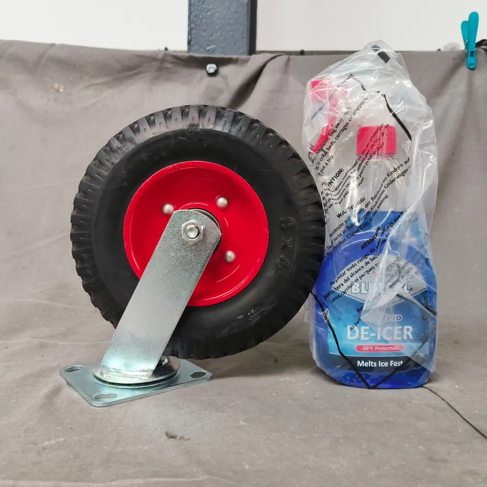 APPROXIMATELY 8 ASSORTED ITEMS TO INCLUDE BLUECOL SUB XERO DE-ICER, HEAVY-DUTY SWIVEL PLATE CASTOR, ETC