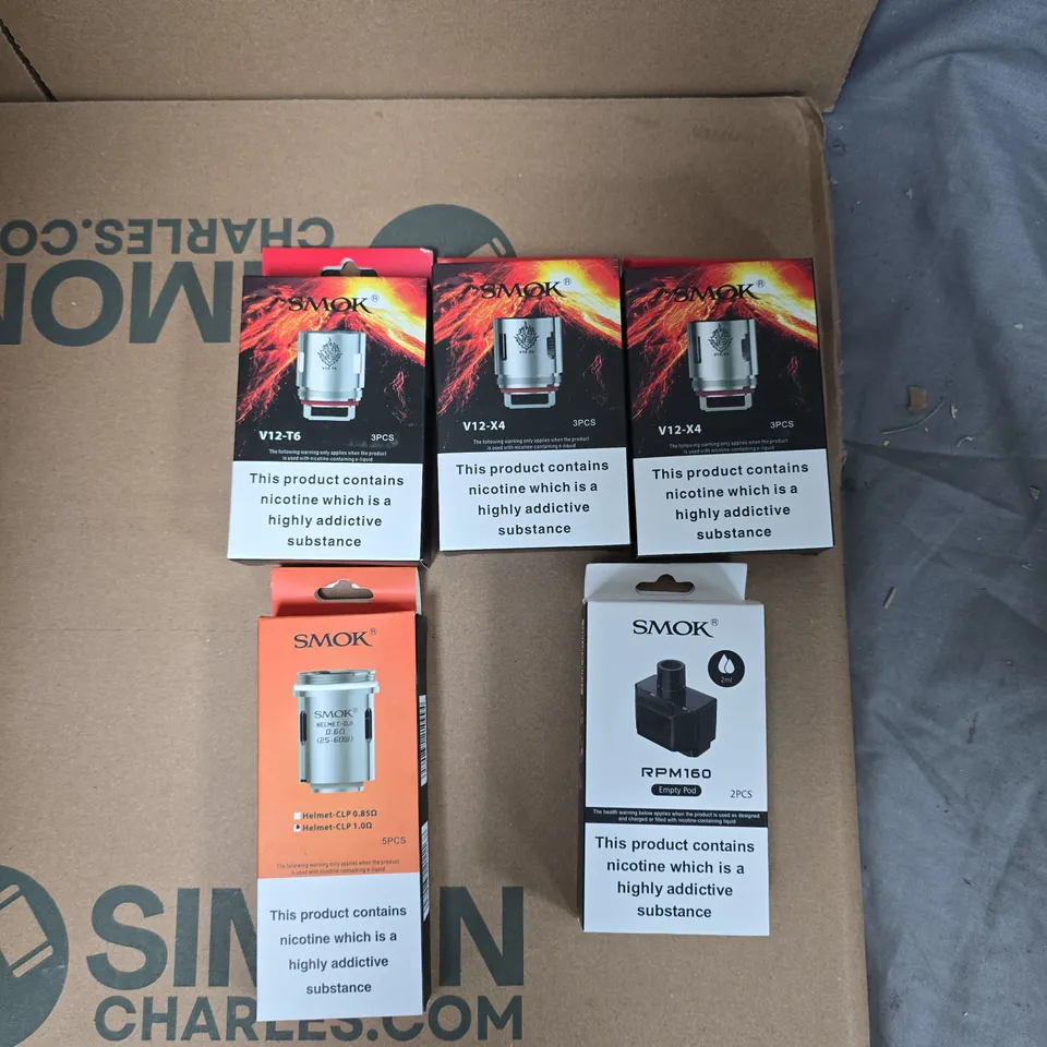 BOX OF APPROXIMATELY 30 ASSORTED E-CIGARETTES AND ACCOMPANIMENTS TO INCLUDE: VARIOUS SMOK PRODUCTS 