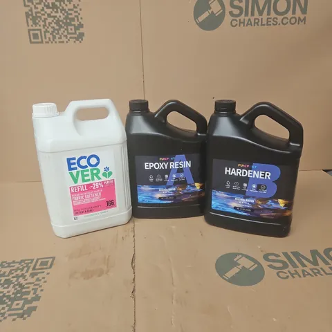 APPROXIMATELY 3 ASSORTED LARGE LIQUIDS TO INCLUDE FUNEPOXY RESIN, HARDENER, ECOVER FABRIC SOFTENER REFILL
