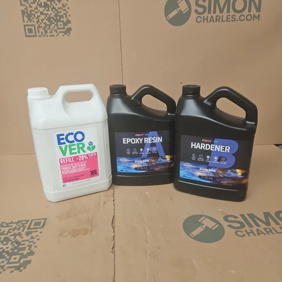 APPROXIMATELY 3 ASSORTED LARGE LIQUIDS TO INCLUDE FUNEPOXY RESIN, HARDENER, ECOVER FABRIC SOFTENER REFILL