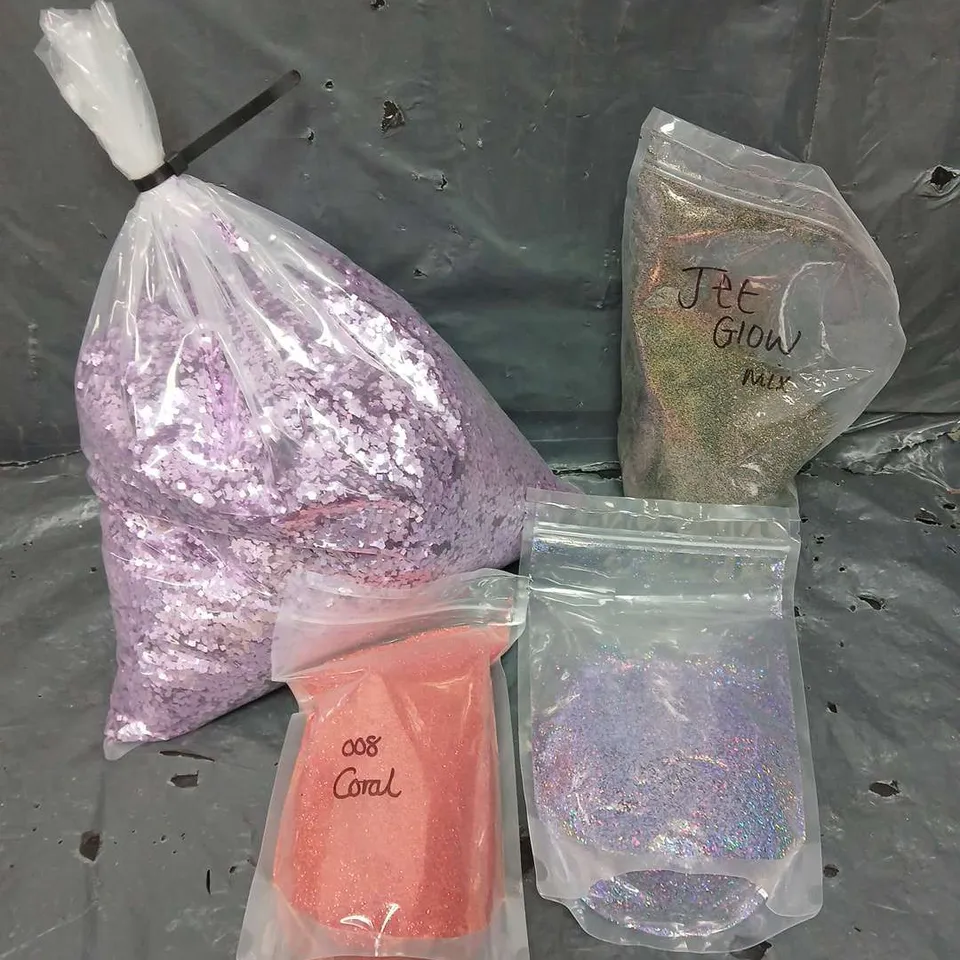 PALLET OF APPROXIMATELY 12 BOXES OF ASSORTED GLITTER PRODUCTS IN VARIOUS COLOURS AND DIAMETERS TO INCLUDE CORAL, JET GLOW, SEQUINED PURPLE ETC - COLLECTION ONLY 