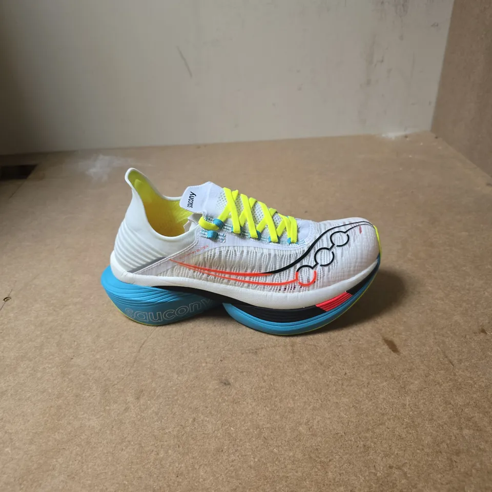 SAUCONY RUNNING SHOES – WHITE/BLUE WITH NEON YELLOW LACES - UK SIZE 6.5 