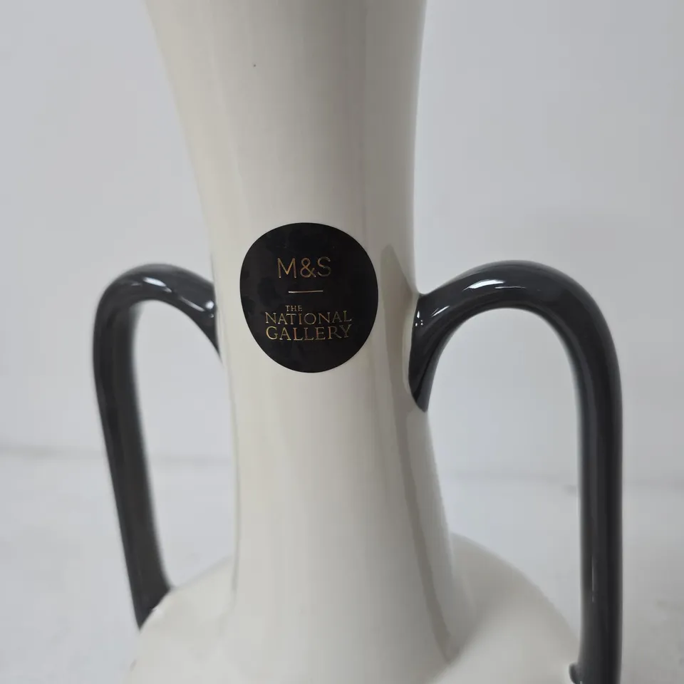 M&S THE NATIONAL GALLERY VASE WITH BUTTERFLY MOTIF – CREAM GLAZE, BLACK TWIN HANDLES