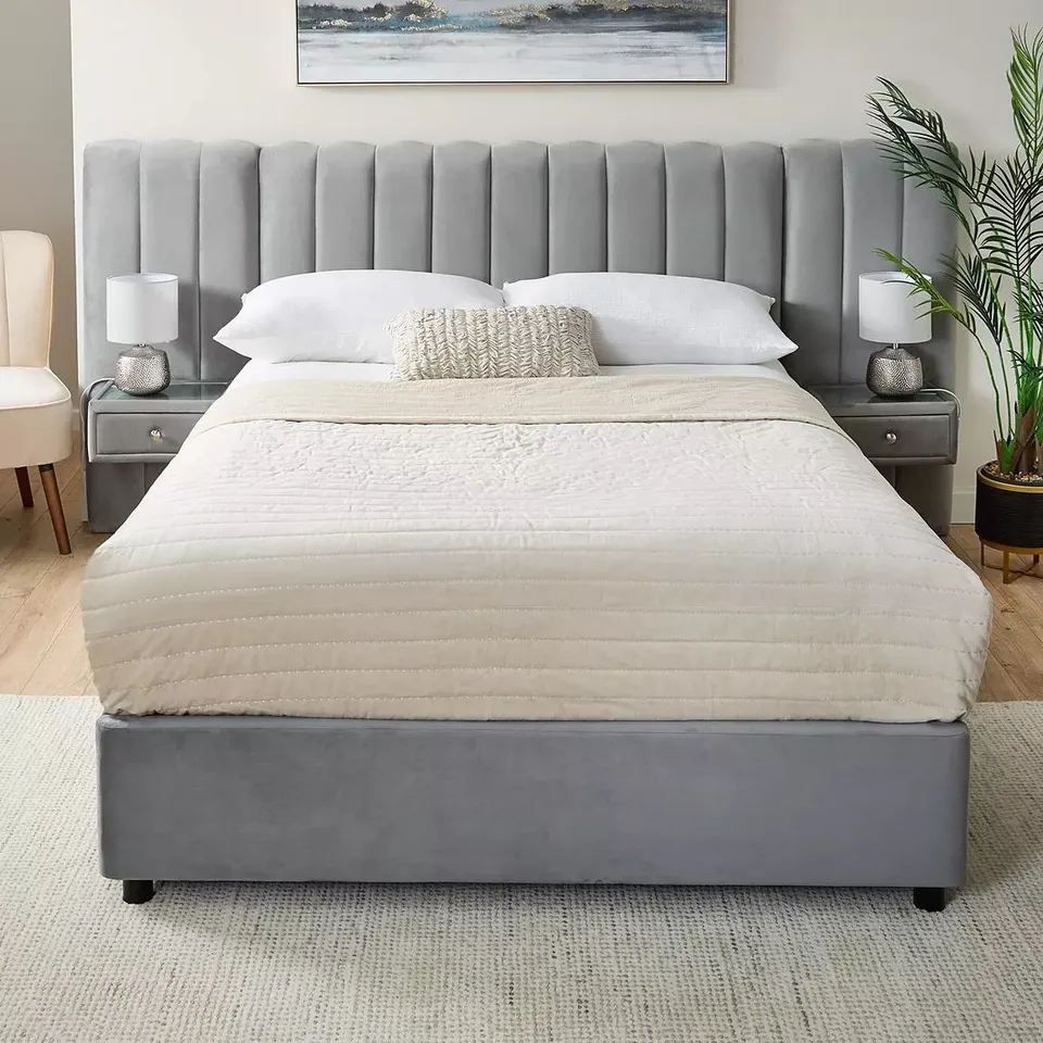 BOXED AMAYA DOUBLE BED WITH SIDE TABLES IN GREY - 4 BOXES