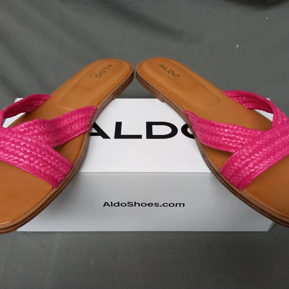 BOXED PAIR OF ALDO OPEN TOE FLAT SANDALS IN PINK UK SIZE 7