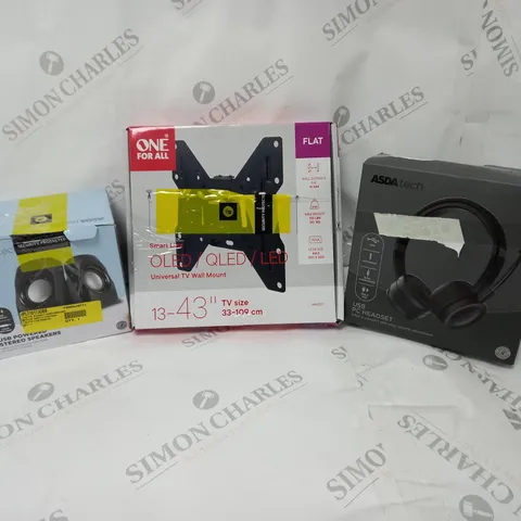 APPROXIMATELY 20 ASSORTED ITEMS TO INCLUDE UNIVERSAL TV WALL MOUNT, USB POWERED STEREO SPEAKERS, USB PC HEADSET ETC.
