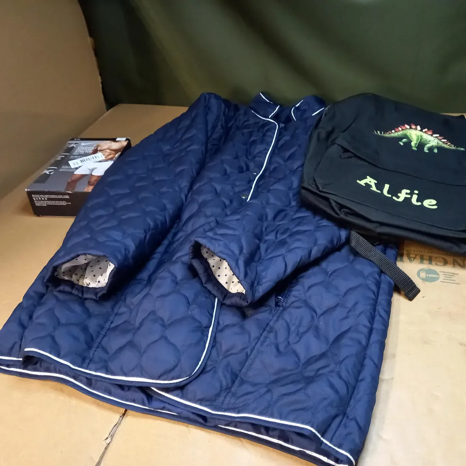 BOX OF APPROXIMATELY 25 ASSORTED CLOTHING ITEMS TO INCLUDE A BLUE ZIPPED LADIES JACKET, AND A DINOSOUR THEMED CHILDRENS BAG AND A UNDERWEAR SET