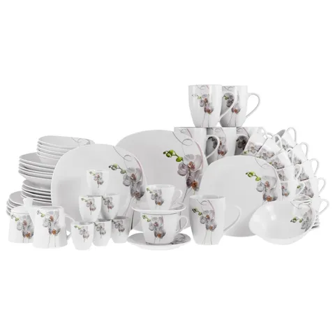 BOXED SQUARE 62 PIECE PORCELAIN DINNERWARE SET - SERVICE FOR 6 - ORCHID 
