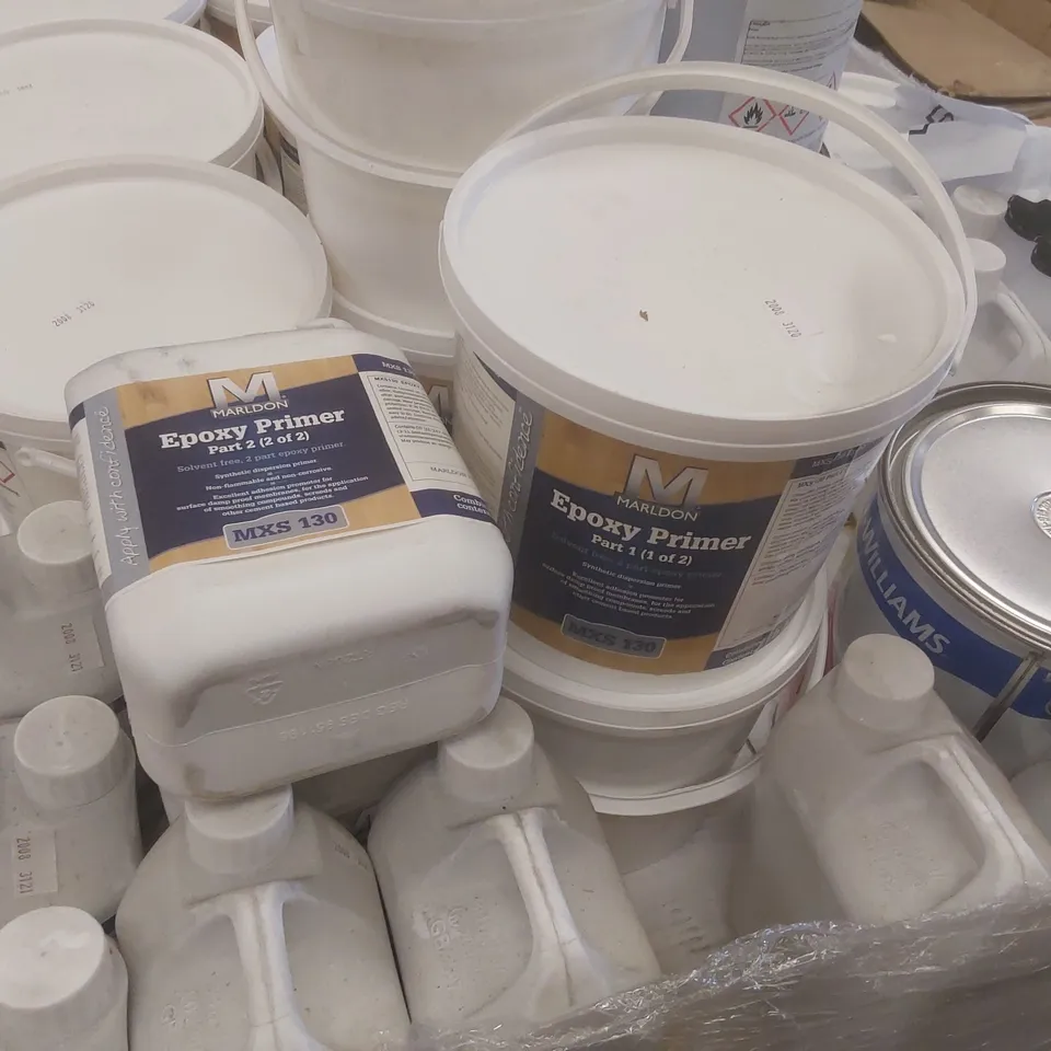 PALLET CONTAINING A VERY LARGE QUANTITY OF ASSORTED BUILDING SUPPLIES INCLUDING: BALL STOP GAP LIQUID, MARLDON EPOXY PRIMER, SATIN LACQUER FOR FLOORING ECT