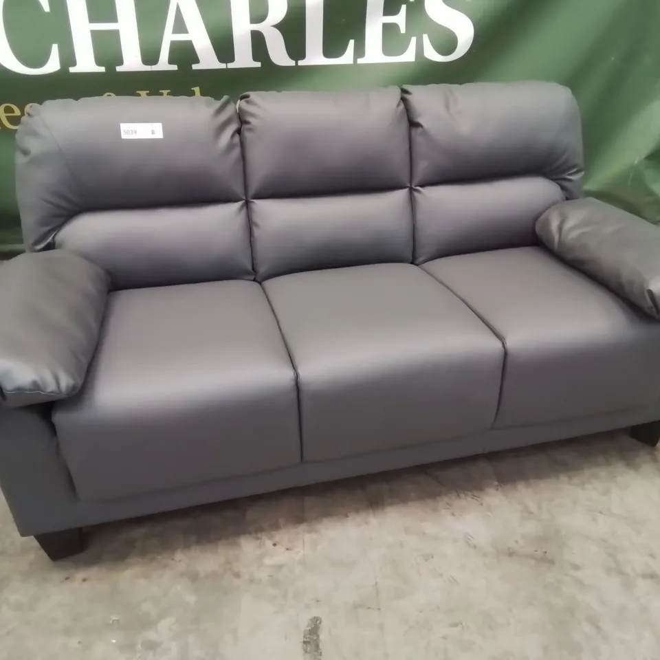 DESIGNER THREE SEATER SOFA GREY FAUX LEATHER 