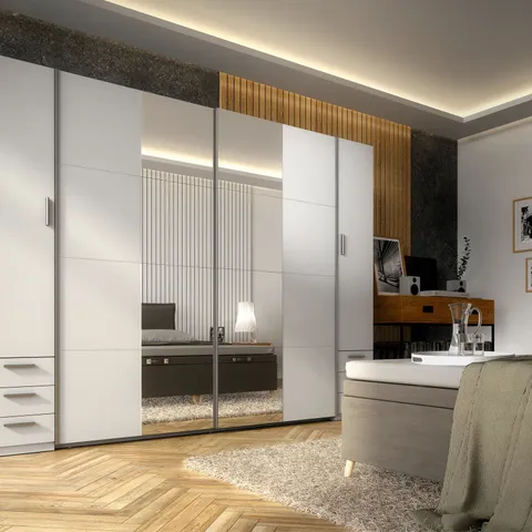 BOXED 4-DOOR WARDROBE, WHITE, WITH CLOTHES RAILS, SHELVES & MIRROR (6 BOXES)
