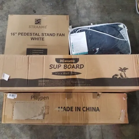 PALLET CONTAINING ASSORTED PRODUCTS TO INCLUDE PLAYPEN, SUP BOARD, 16" PEDESTAL STAND FAN, HEATED BLANKET 