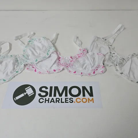 BONPRIX PACK OF 3 WHITE PRINT BRAS DARK GREEN, PINK AND LIGHT GREEN SIZE 42C