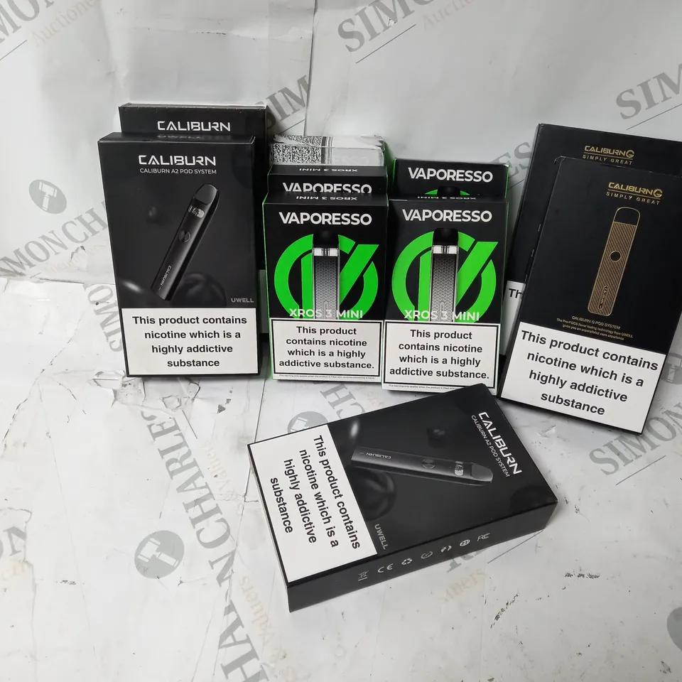 APPROXIMATELY 10 ASSORTED E-CIG PRODUCTS TO INCLUDE VAPORESSO XROS 3 MINI, UWELL CALIBURN A2 POD SYSTEM, UWELL CALIBURN G POD SYSTEM