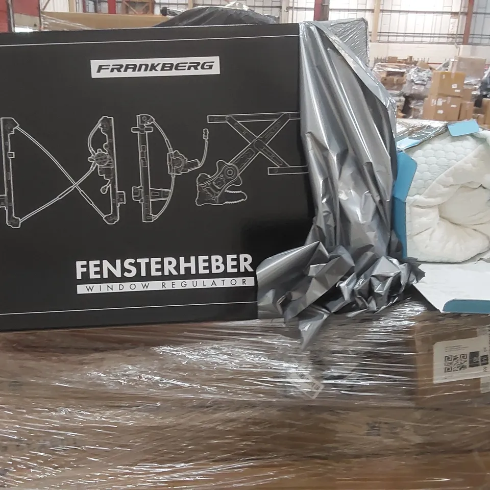PALLET CONTAINING A LARGE QUANTITY OF ASSORTED CONSUMER PRODUCTS INCLUDING: VEVOR MOTORCYCLE LIFT, CABINET, WINDOW REGULATOR, PILLOW ECT