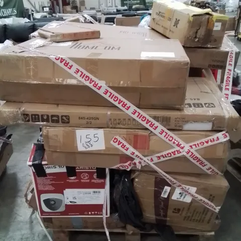 PALLET CONTAINING VARIOUS ASSORTED HOUSEHOLD CUSTOMER RETURNS TO INCLUDE: MIRRORS,  SOFA BED PARTS, CHAMPAGNE GLASSES, ELECTRIC WATER HEATER AND LOTS MORE UNMARKED BOXED ITEMS 