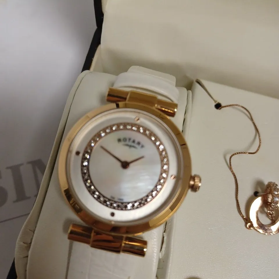 BOXED ROTARY LADIES WHITE & ROSE GOLD DIAL WATCH WITH NECKLACE AND EARRINGS - ROSE GOLD