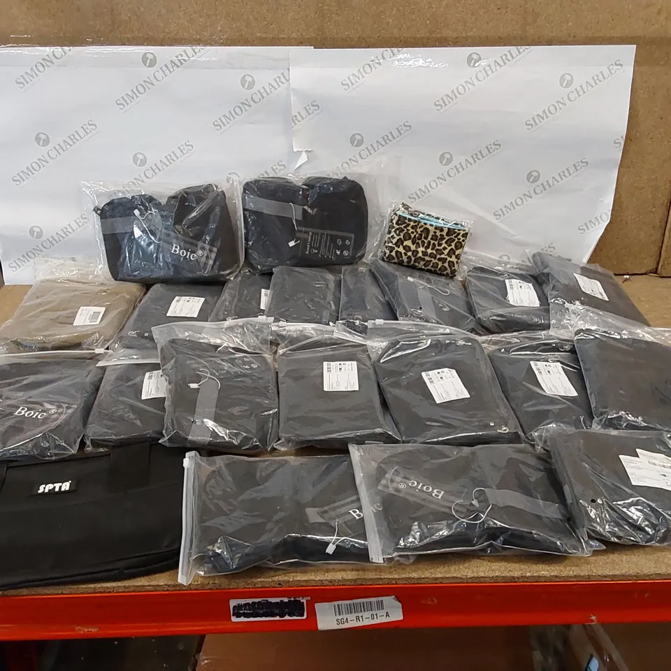BOX OF ASSORTED BRAND NEW BAGS AND ACCESSORIES TO INCLUDE; 19X BOIC BLACK TRAVEL BAGS, 1X SPTA BLACK TOOL BAG, 1X KHAKI OUTDOORS BAG 
