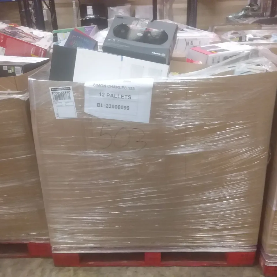 PALLET OF LARGE AMOUNT OF ASSORTED PRODUCTS TO INCLUDE PRINTERS, BOOMBOXES, AND GAMING KEYKITS ETC