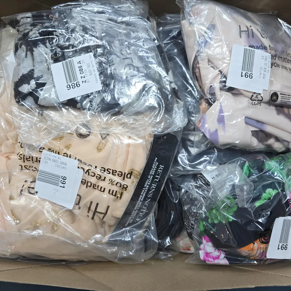 APPROXIMATELY 23 ASSORTED CLOTHING ITEMS IN VARIOUS SIZES, STYLES & SIZES TO INCLUDE WIDE LEG TROUSERS , DENIM SHIRTS , BLACK SWIMSUITS , ETC - COLLECTION ONLY