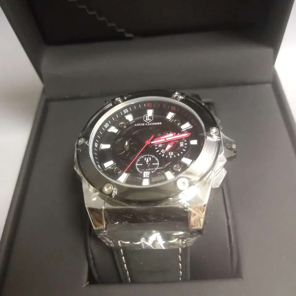 BOXED LOUIS LACOMBE WRIST WATCH IN BLACK/SILVER/RED