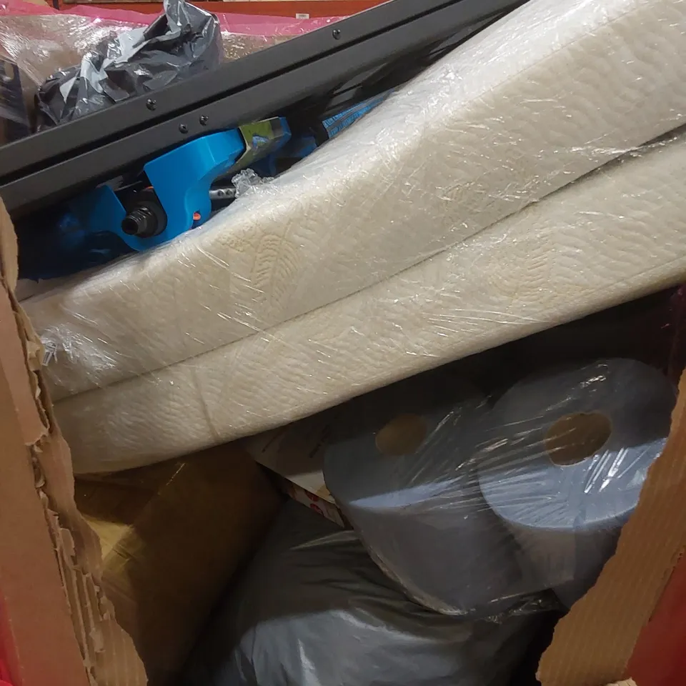 PALLET OF ASSORTED HOUSEHOLD ITEMS AND CONSUMER PRODUCTS TO INCLUDE; MATTRESS TOPPER, GARDEN SPRINKLER, PAPER TOWELS ETC