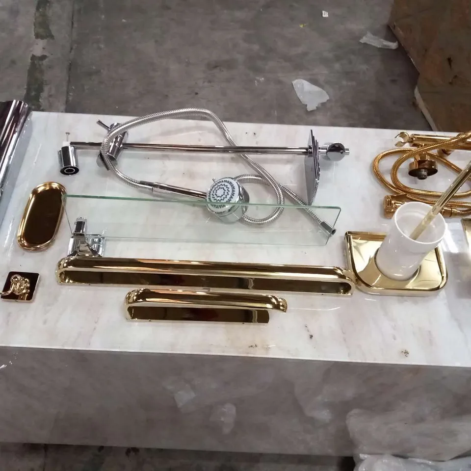 BATHROOM SET CONSISTING OF; MIRA ESCAPE 9.8 SHOWER, TOWEL RAIL, TOILET ROLL HOLDER, SOAP DISH FLUSH TOILET BRUSH, GLASS SHELF AND TWO SHATAFFS