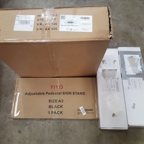 PALLET CONTAINING ASSORTED PRODUCTS INCLUDING LED CEILING FAN LIGHT, ADJUSTABLE PEDESTAL SIGN STAND & SHOWER MIXERS