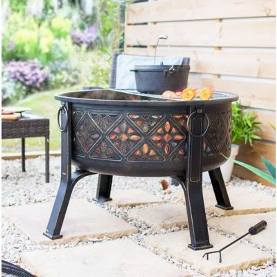 BOXED LA HACIENDA MORESQUE DEEP STEEL FIRRE PIT WITH GRILL