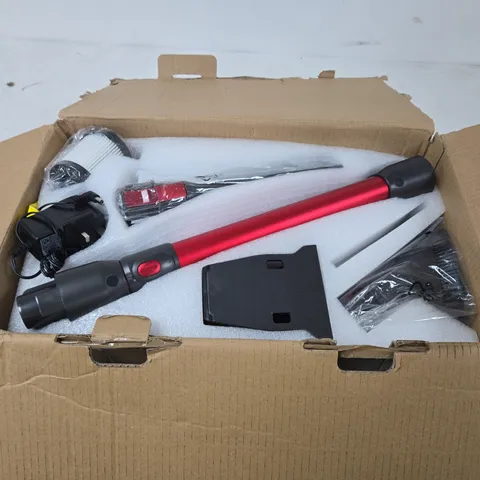 CORDLESS VACUUM CLEANER WITH DETACHABLE WAND AND FLOOR BRUSH – RED/GRAY, BOXED