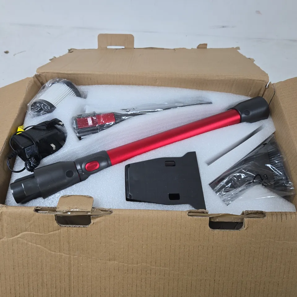 CORDLESS VACUUM CLEANER WITH DETACHABLE WAND AND FLOOR BRUSH – RED/GRAY, BOXED