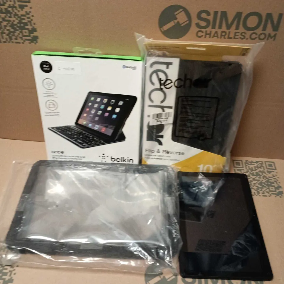 8 ASSORTED TABLETS/TABLET ACCESSORIES TO INCLUDE UNBRANDED TABLET, BELKIN KEYBOARD CASE, TECHAIR FLIP & REVERSE TABLET CASE, ETC