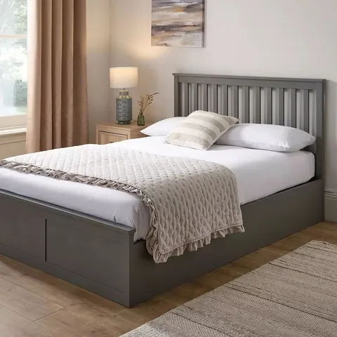 BOXED DAWSON DOUBLE SIZE LIFT UP OTTOMAN STORAGE WOODEN BED FRAME - GREY (2 BOXES)