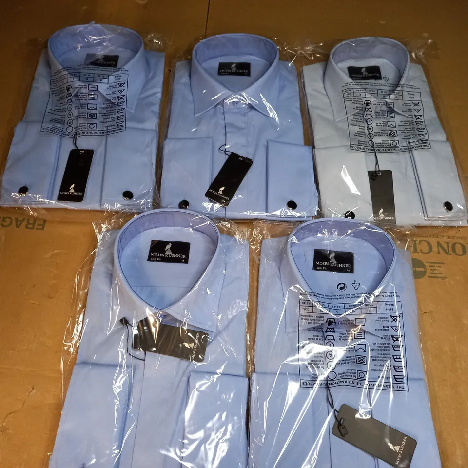 MOSES KUSHNER LOT OF 5 LONG SLEEVE SLIM FIT BUTTONED SHIRTS IN VARIOUS SIZES AND COLOURS - 3 BLUE MEDIUM, 1 BLUE LARGE, 1 LIGHT BLUE SMALL