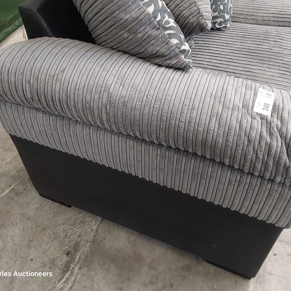 DESIGNER THREE SEATER SOFA WITH SCATTER CUSHIONS GREY JUMBO CHORD & BLACK FAUX LEATHER 