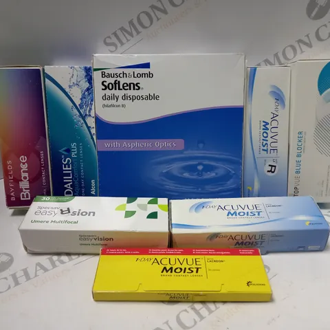 BOX OF APPROX 25 ASSORTED CONTACT LENSES AND CONTACT LENSE SOLUTIONS