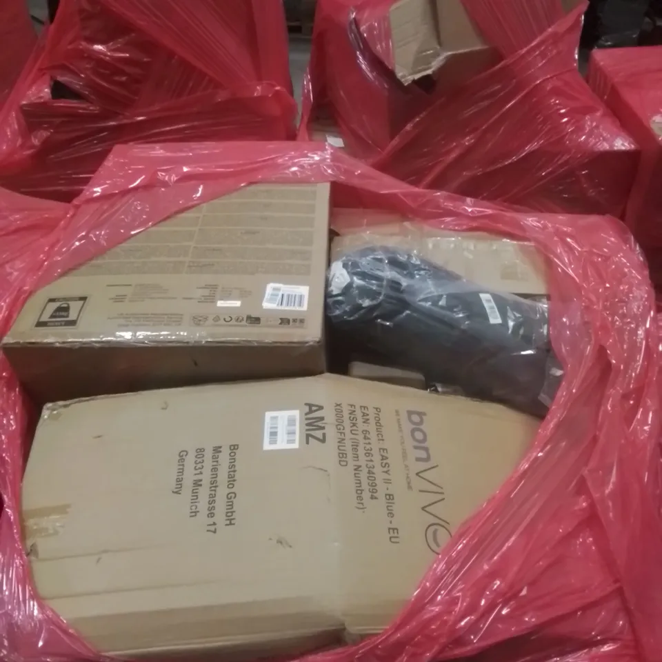 PALLET OF ASSORTED HOUSEHOLD GOODS AND FURNITURE TO INCLUDE;METAL OFFICE CHAIR, BABY PUSHCHAIR AND CARRY ON 2-IN-1, BONVIVO EASY 2 ETC 