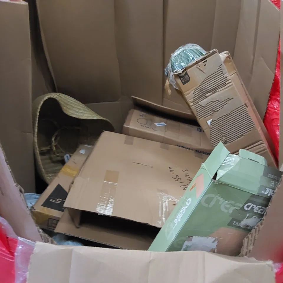 PALLET TO CONTAIN ASSORTED HOUSEHOLD ITEMS AND CONSUMER PRODUCTS. INCLUDES BASKET, FOLDABLE PICNIC TABLE, OFFICE CHAIR, CONVECTION HEATER, BOXED FURNITURE ETC 