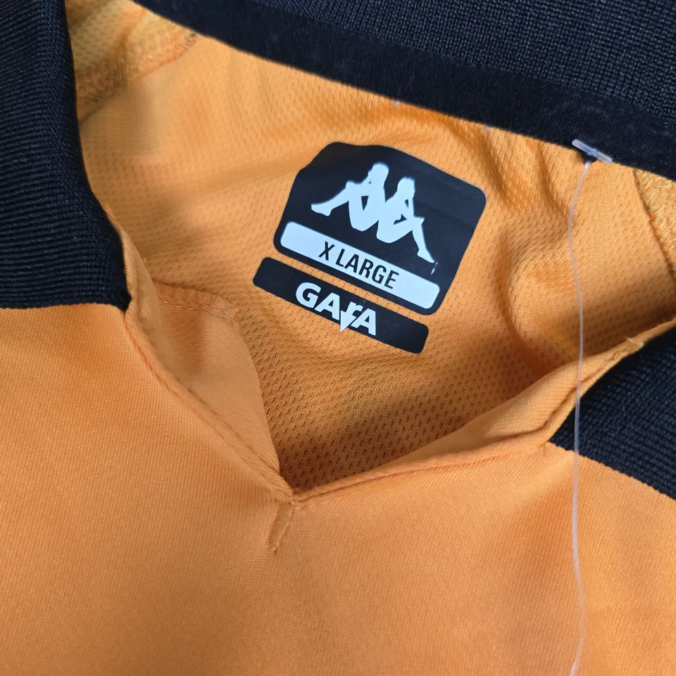 HULL CITY AFC FOOTBALL SHIRT – KAPPA, ORANGE WITH TIGER STRIPE SLEEVES, XL (OKAN ON BACK)