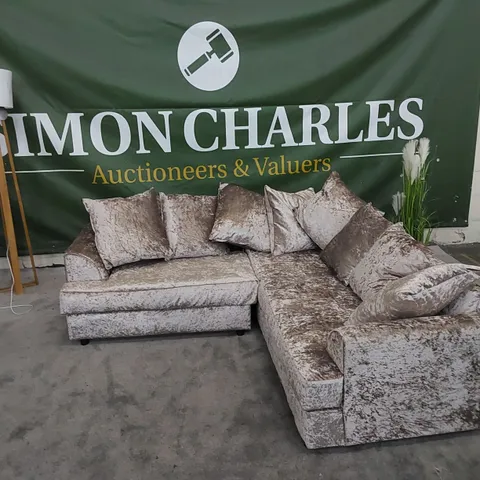DESIGNER TERRY CRUSHED VELVET CORNER SOFA WITH SCATTER CUSHIONS