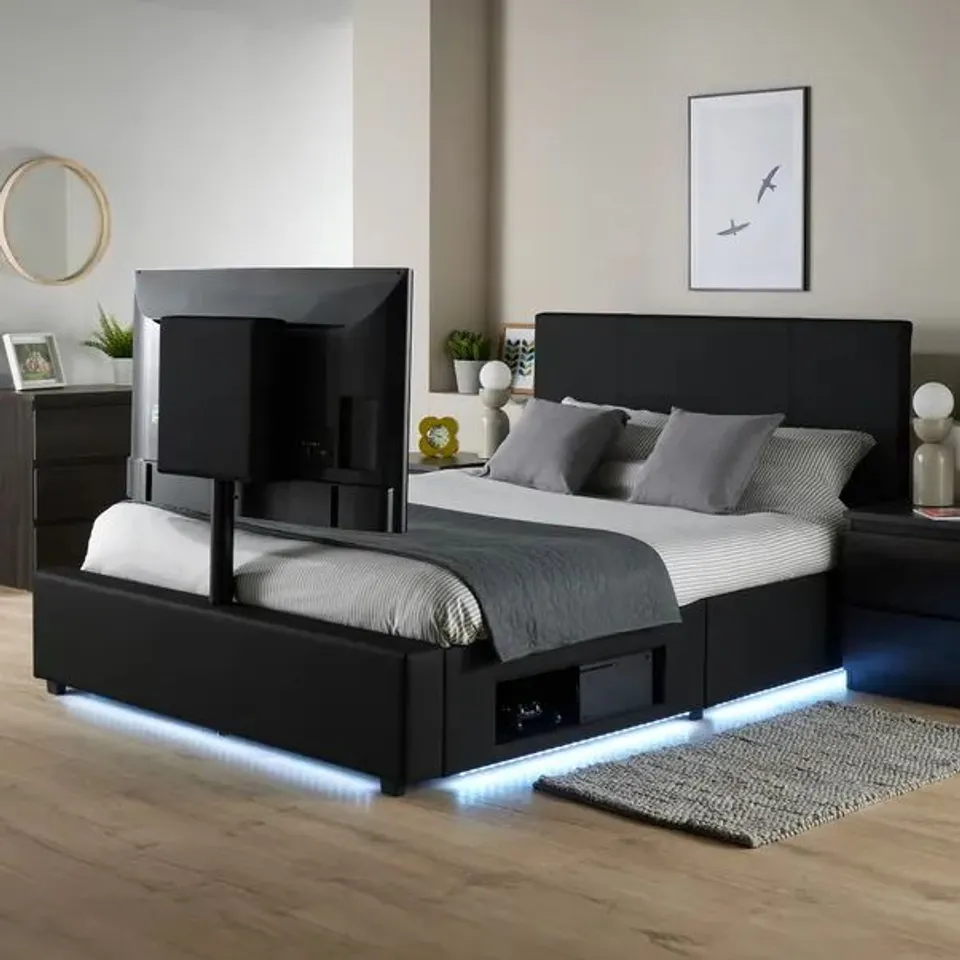 BOXED XR LIVING AVA PU KING TV BED WITH UNDERBED LIGHTS - BLACK (2 BOXES)