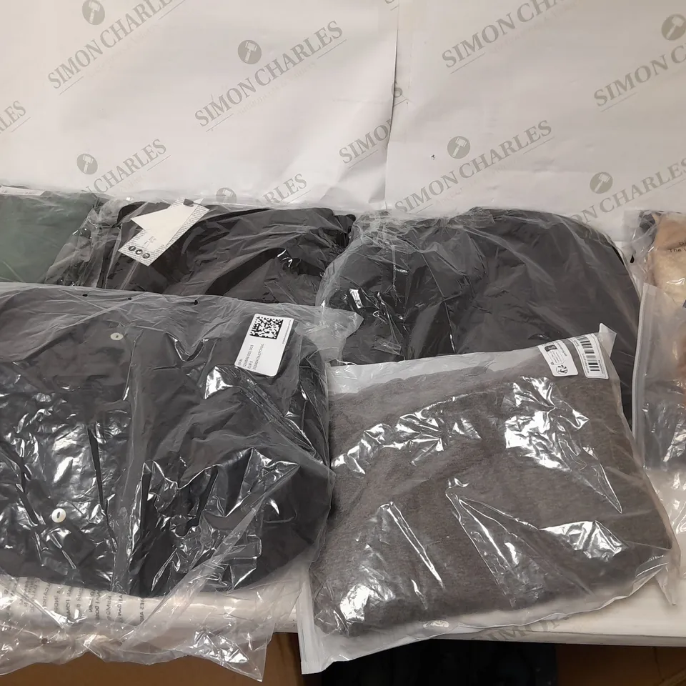 LARGE BOX OF ASSORTED CLOTHING ITEMS IN VARIOUS COLOURS AND SIZES INCLUDING TROUSERS , TOPS AND JUMPERS