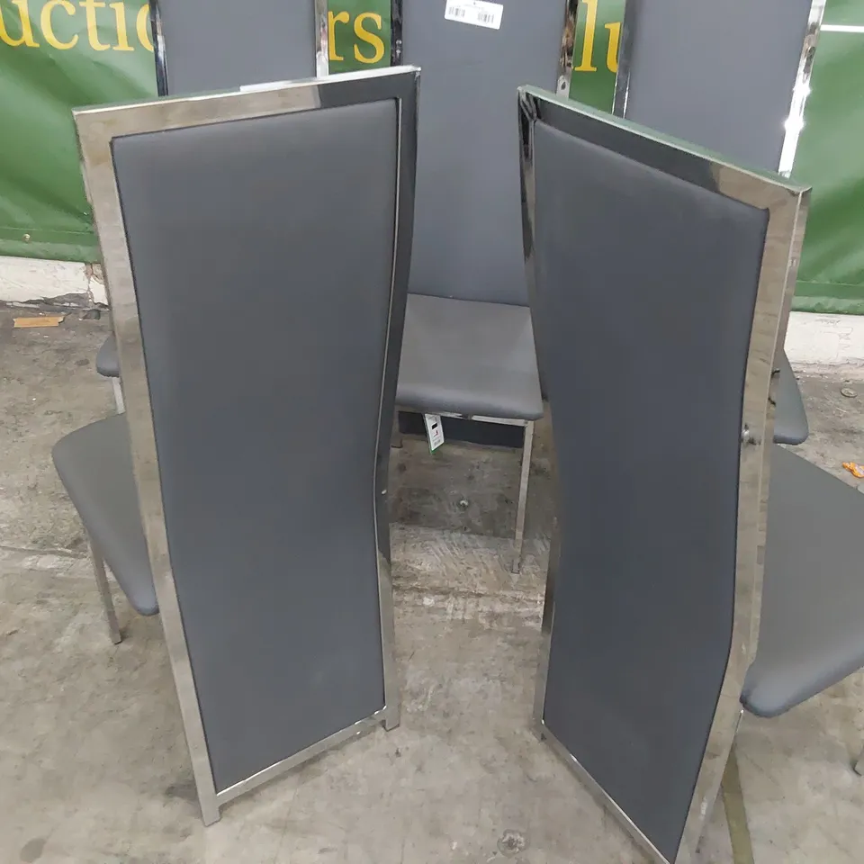 SET OF 5 DESIGNER UPHOLSTERED DINING CHAIRS GREY PU, CHROME FAMES