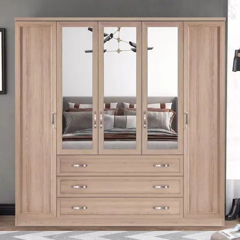 BOXED CAMBERLEY 5 DOOR, 3 DRAWER MIRRORED WARDROBE - LIGHT OAK (3 BOXES)