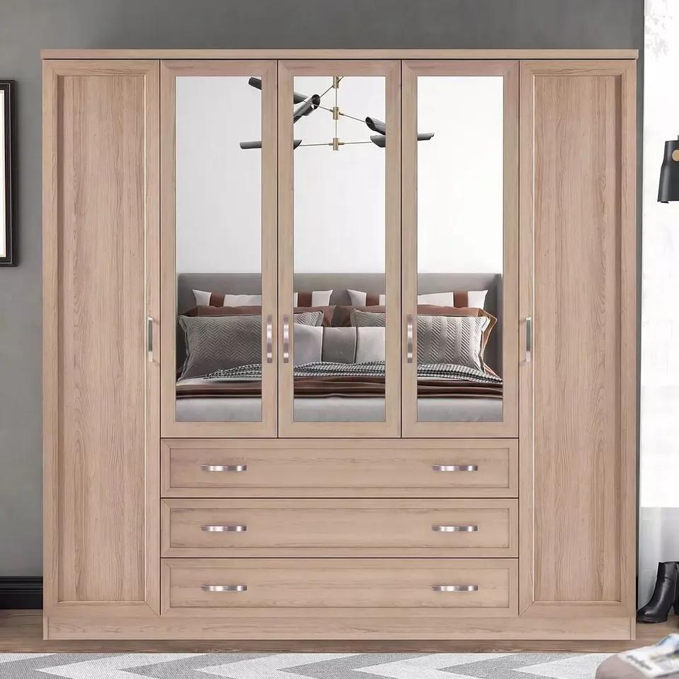 BOXED CAMBERLEY 5 DOOR, 3 DRAWER MIRRORED WARDROBE - LIGHT OAK (3 BOXES) RRP £499