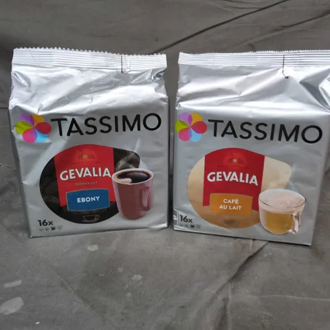 BOX OF 8 PACKS OF TASSIMO GEVALIA COFFEE PODS AND DESCALING TABLETS